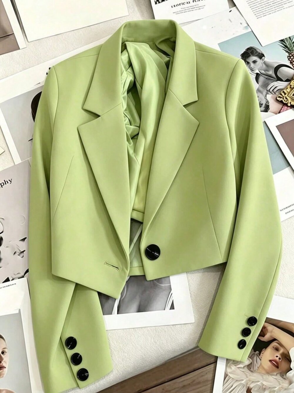 Green Elegant Women's Long Sleeve Single Button Blazer